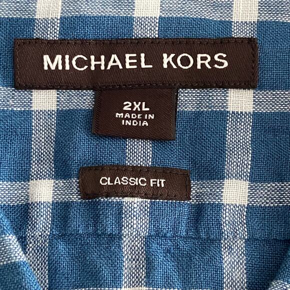 Michael Kors Men's XXL Classic Fit Linen Shirt Blue Check Long Sleeve NEW - Picture 9 of 12